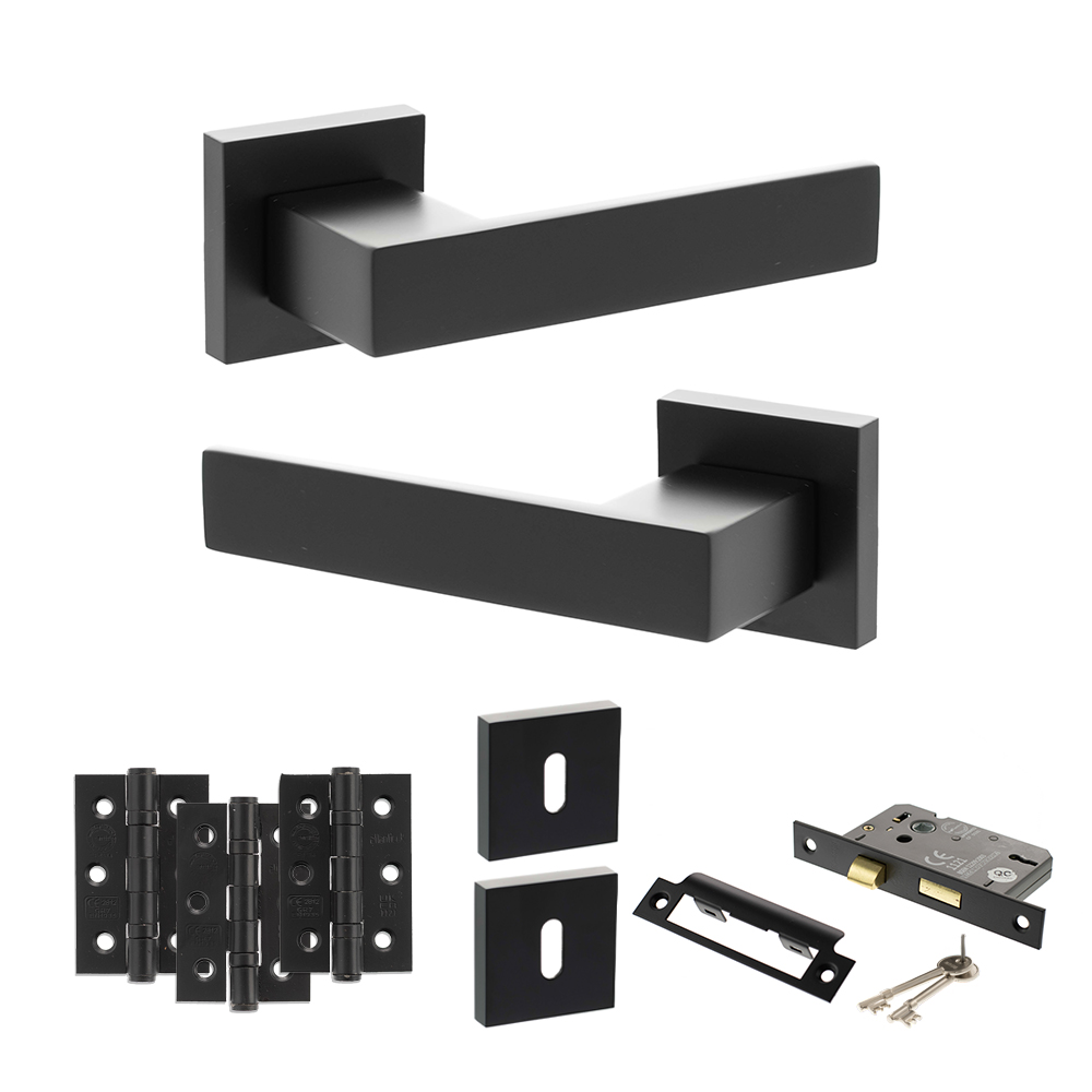 Senza Pari Panetti Door Handle Pack (3 Lever Lock Set - 2.5" CE Sashlock, 3" Fire Rated Hinges x3) - Matt Black