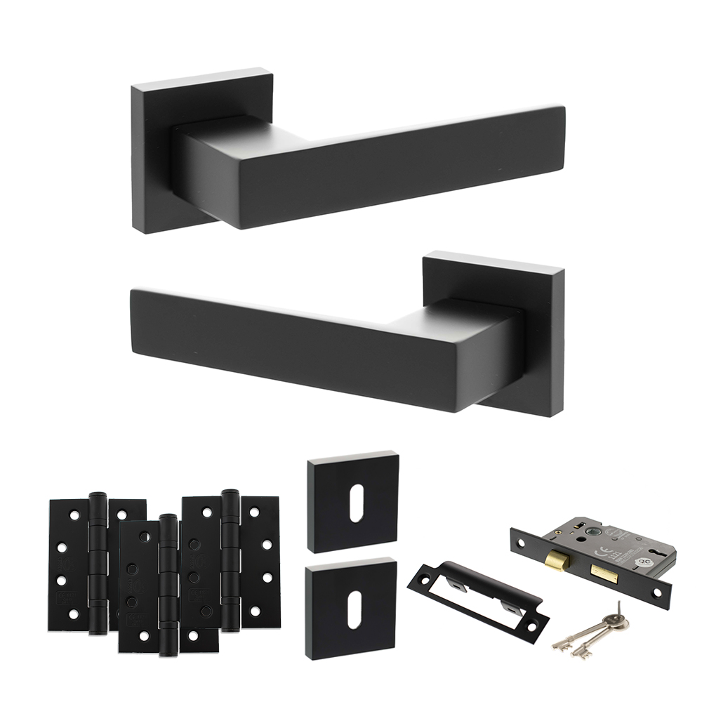 Senza Pari Panetti Door Handle Pack (3 Lever Lock Set - 3" CE Sashlock, 4" Fire Rated Hinges x3) - Matt Black