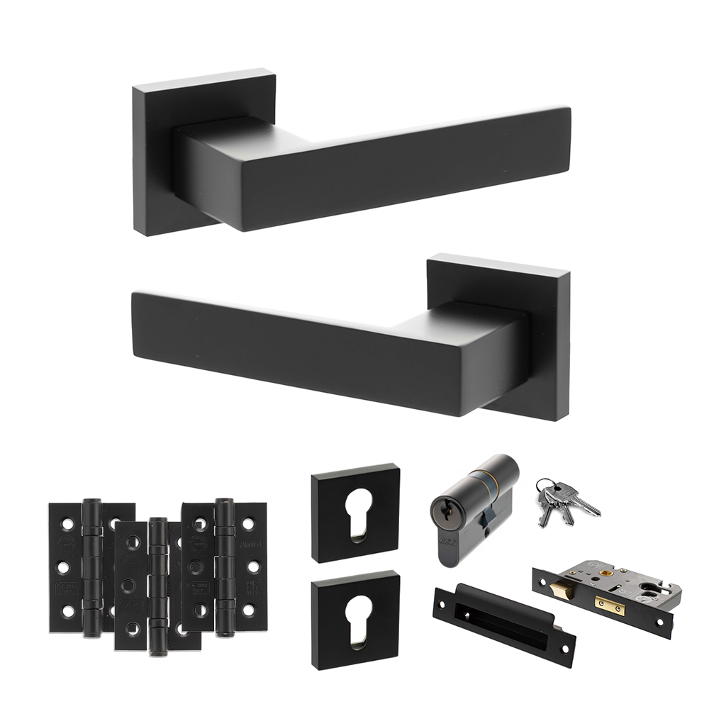 Senza Pari Panetti Door Handle Pack (Euro Lock Set - 2.5" CE Sashlock, 3" Fire Rated Hinges x3) - Matt Black