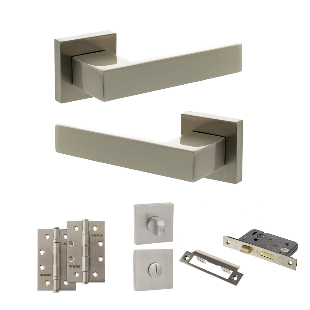 Senza Pari Panetti Door Handle Pack (Bathroom Set - 2.5" CE Bathroom Lock, 4" Slim Knuckle Hinges x2) - Satin Nickel