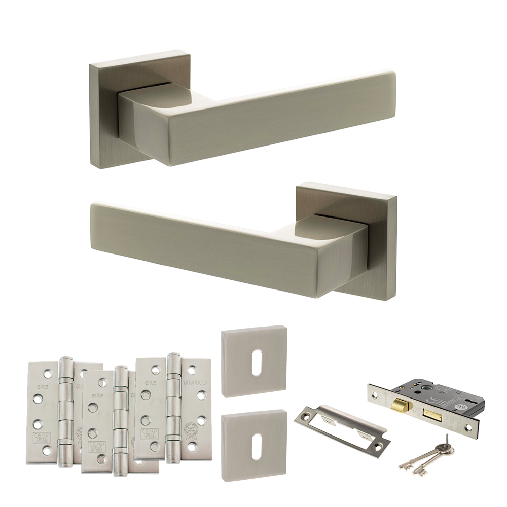 Senza Pari Panetti Door Handle Pack (3 Lever Lock Set - 2.5" CE Sashlock, 4" Fire Rated Hinges x3) - Satin Nickel