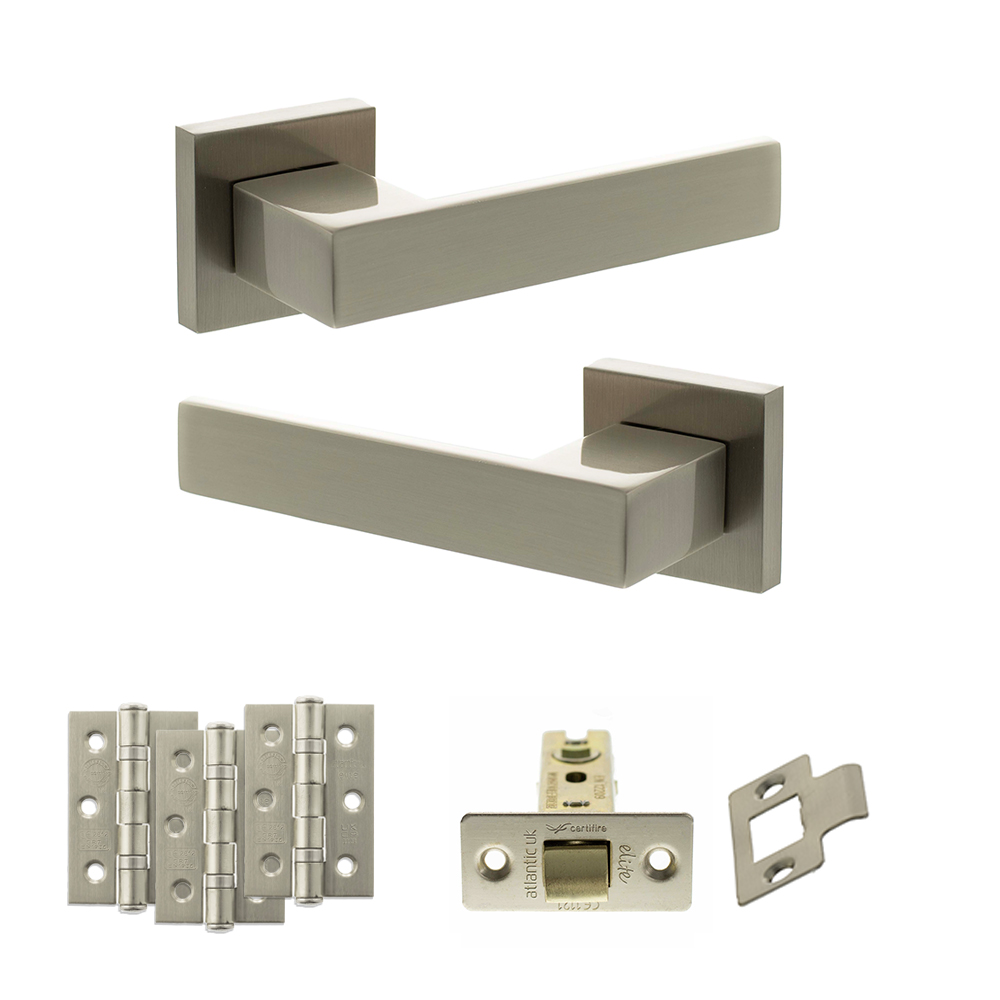 Senza Pari Panetti Door Handle Pack (Latch Set - 3" CE Latch, 3" Fire Rated Hinges x3) - Satin Nickel