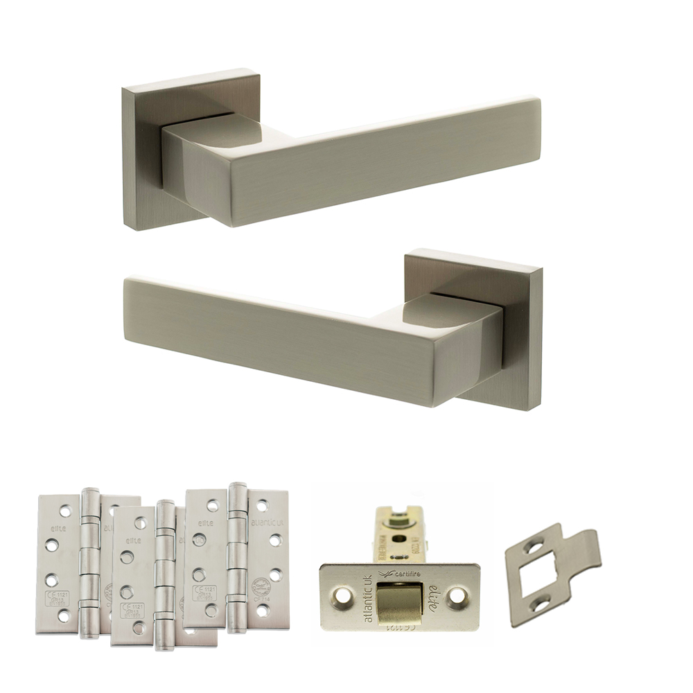 Senza Pari Panetti Door Handle Pack (Latch Set - 3" CE Latch, 4" Fire Rated Hinges x3) - Satin Nickel