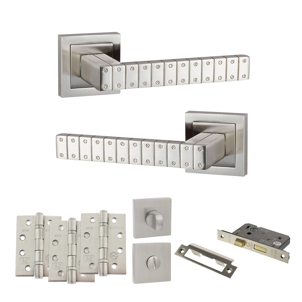 Senza Pari Bianca Door Handle Pack (Bathroom Set - 3" CE Bathroom Lock, 4" Fire Rated Hinges x3) - Satin Nickel