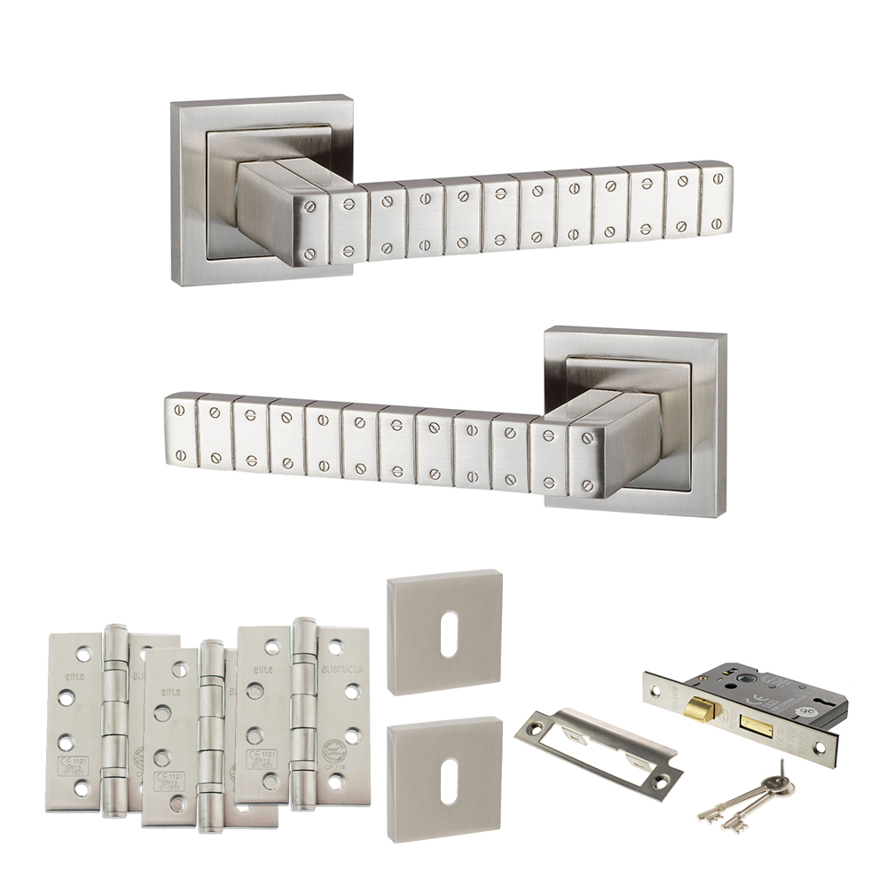 Senza Pari Bianca Door Handle Pack (3 Lever Lock Set - 2.5" CE Sashlock, 4" Fire Rated Hinges x3) - Satin Nickel