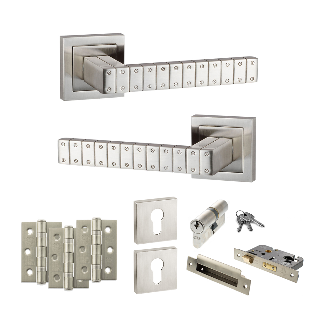 Senza Pari Bianca Door Handle Pack (Euro Lock Set - 2.5" CE Sashlock, 3" Fire Rated Hinges x3) - Satin Nickel