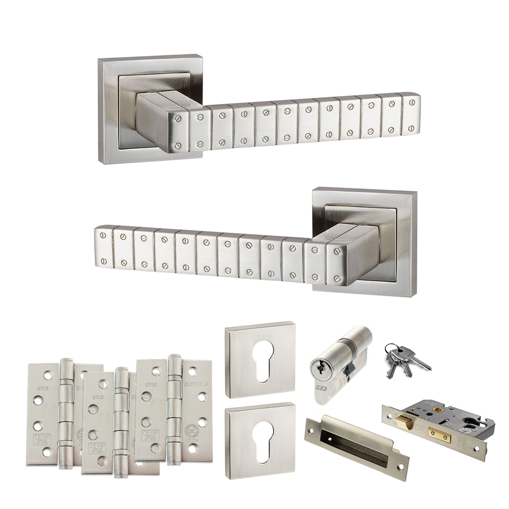 Senza Pari Bianca Door Handle Pack (Euro Lock Set - 2.5" CE Sashlock, 4" Fire Rated Hinges x3) - Satin Nickel