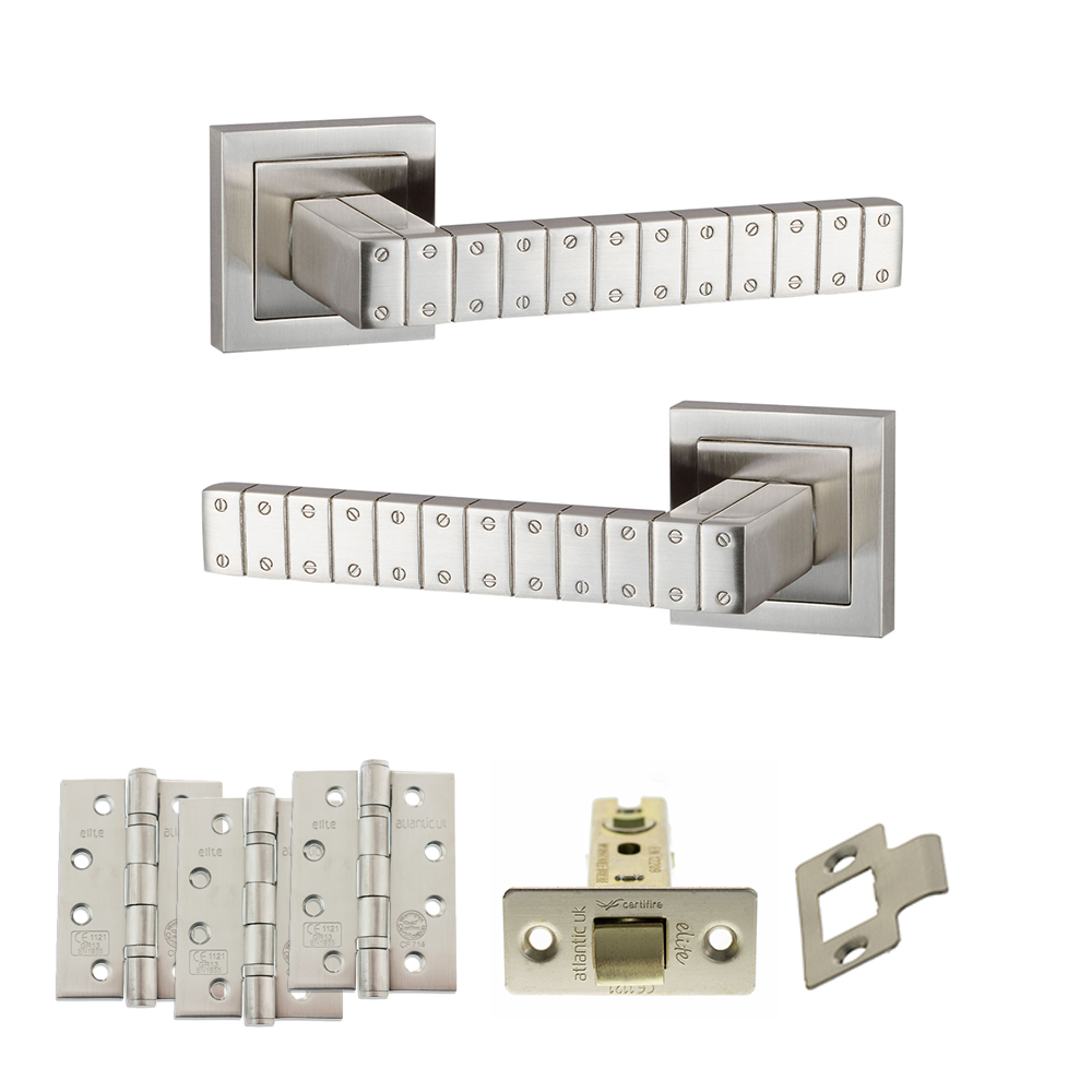 Senza Pari Bianca Door Handle Pack (Latch Set - 3" CE Latch, 4" Fire Rated Hinges x3) - Satin Nickel