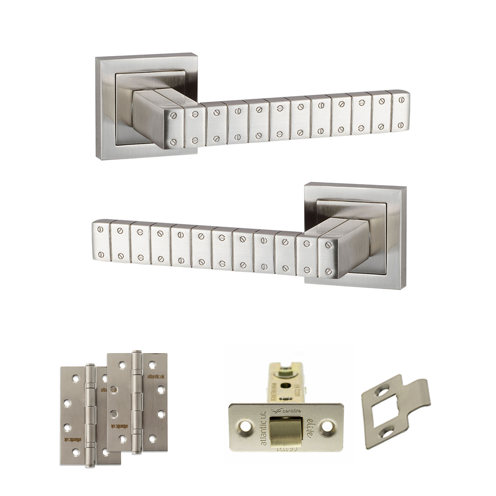 Senza Pari Bianca Door Handle Pack (Latch Set - 3" CE Latch, 4" Slim Knuckle Hinges x2) - Satin Nickel
