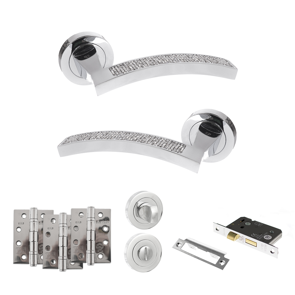 Senza Pari Crystal Door Handle Pack (Bathroom Set - 3" CE Bathroom Lock, 4" Fire Rated Hinges x3) - Polished Chrome