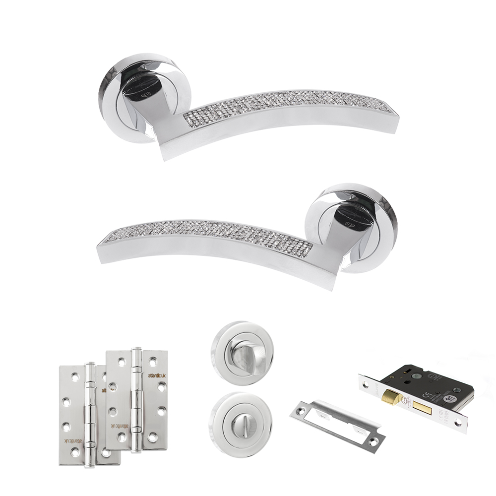 Senza Pari Crystal Door Handle Pack (Bathroom Set - 2.5" CE Bathroom Lock, 4" Slim Knuckle Hinges x2) - Polished Chrome