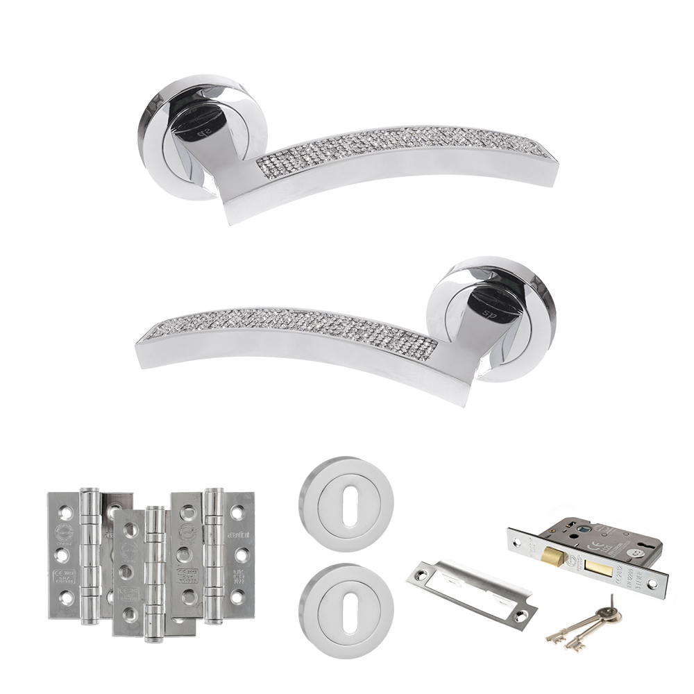 Senza Pari Crystal Door Handle Pack (3 Lever Lock Set - 3" CE Sashlock, 3" Fire Rated Hinges x3) - Polished Chrome