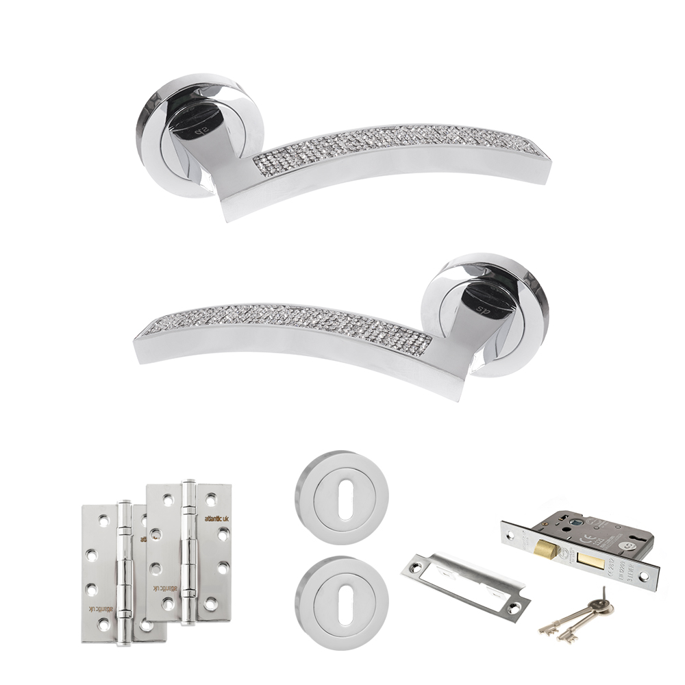 Senza Pari Crystal Door Handle Pack (3 Lever Lock Set - 3" CE Sashlock, 4" Slim Knuckle Hinges x2) - Polished Chrome