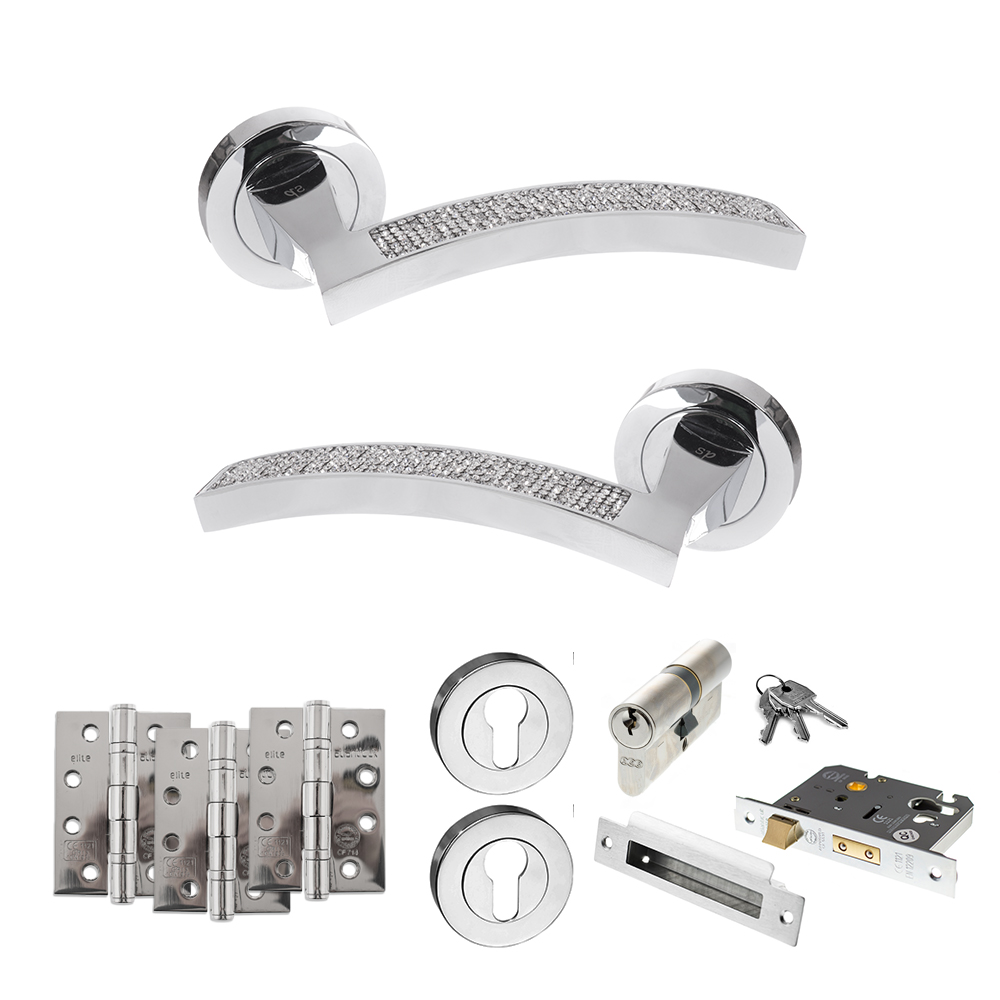 Senza Pari Crystal Door Handle Pack (Euro Lock Set - 2.5" CE Sashlock, 4" Fire Rated Hinges x3) - Polished Chrome
