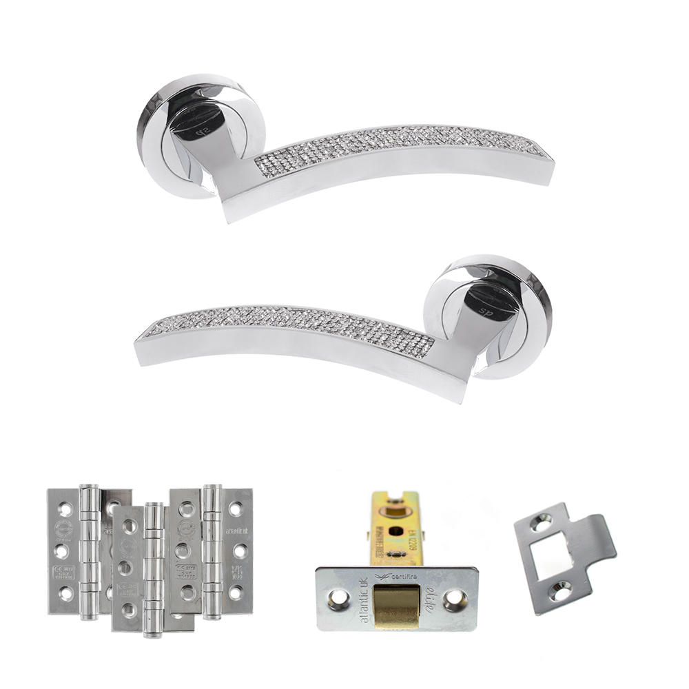 Senza Pari Crystal Door Handle Pack (Latch Set - 3" CE Latch, 3" Fire Rated Hinges x3) - Polished Chrome