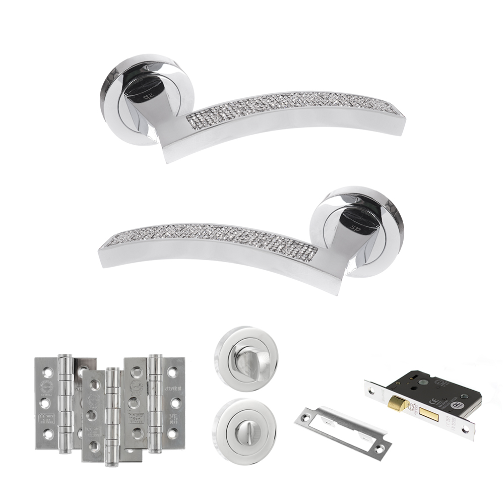 Senza Pari Crystal Door Handle Pack (Bathroom Set - 2.5" CE Bathroom Lock, 3" Fire Rated Hinges x3) - Polished Chrome