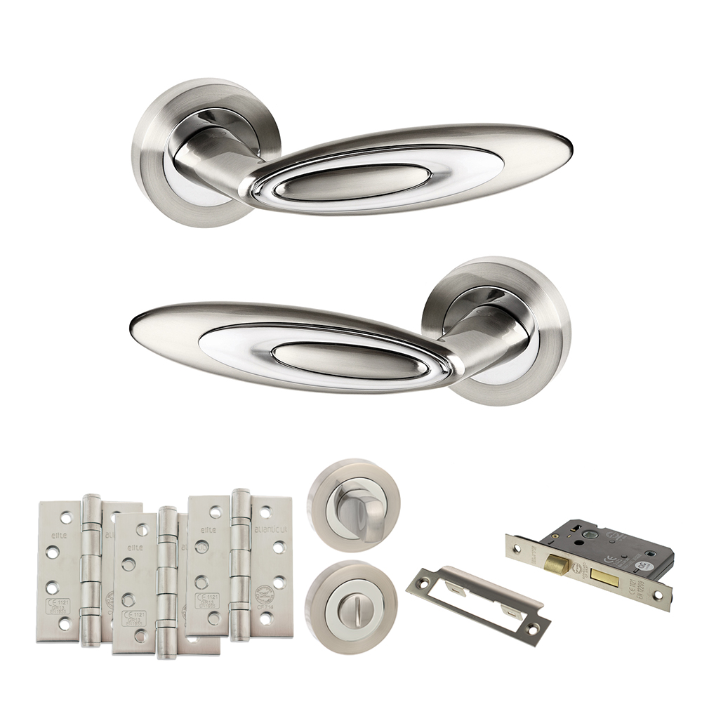 Senza Pari Elisse Door Handle Pack (Bathroom Set - 2.5" CE Bathroom Lock, 4" Fire Rated Hinges x3) - Satin Nickel/Chrome Plate