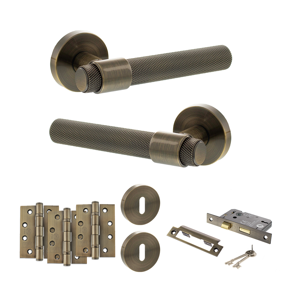 Senza Pari Andretta Door Handle Pack (3 Lever Lock Set - 2.5" CE Sashlock, 4" Fire Rated Hinges x3) - Antique Brass