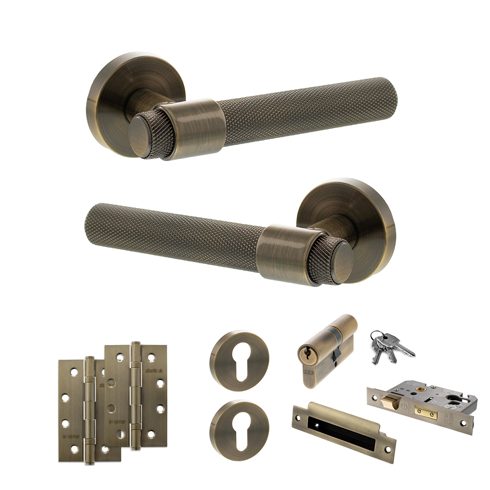 Senza Pari Andretta Door Handle Pack (Euro Lock Set - 3" CE Sashlock, 4" Slim Knuckle Hinges x2) - Antique Brass