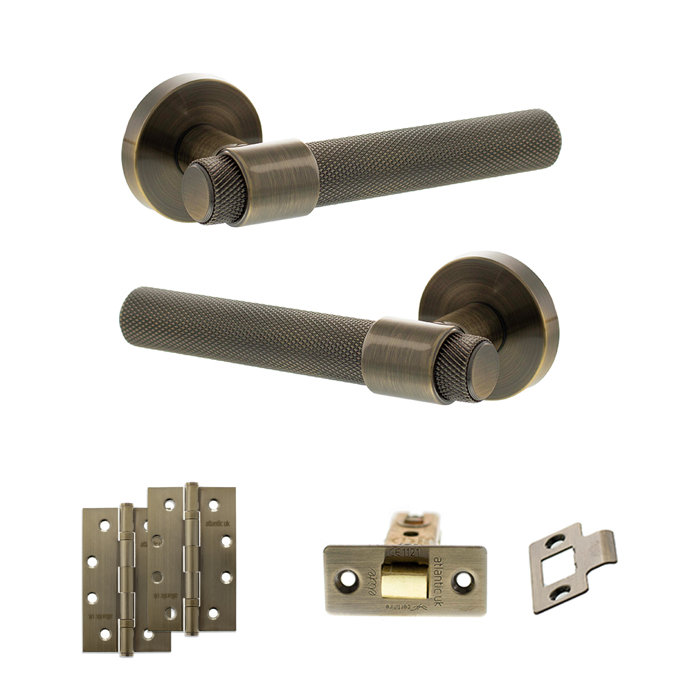 Senza Pari Andretta Door Handle Pack (Latch Set - 2.5" CE Latch, 4" Slim Knuckle Hinges x2) - Antique Brass