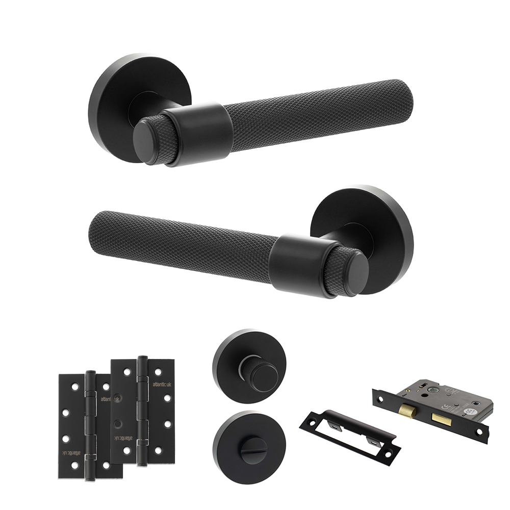 Senza Pari Andretta Door Handle Pack (Bathroom Set - 2.5" CE Bathroom Lock, 4" Slim Knuckle Hinges x2) - Matt Black