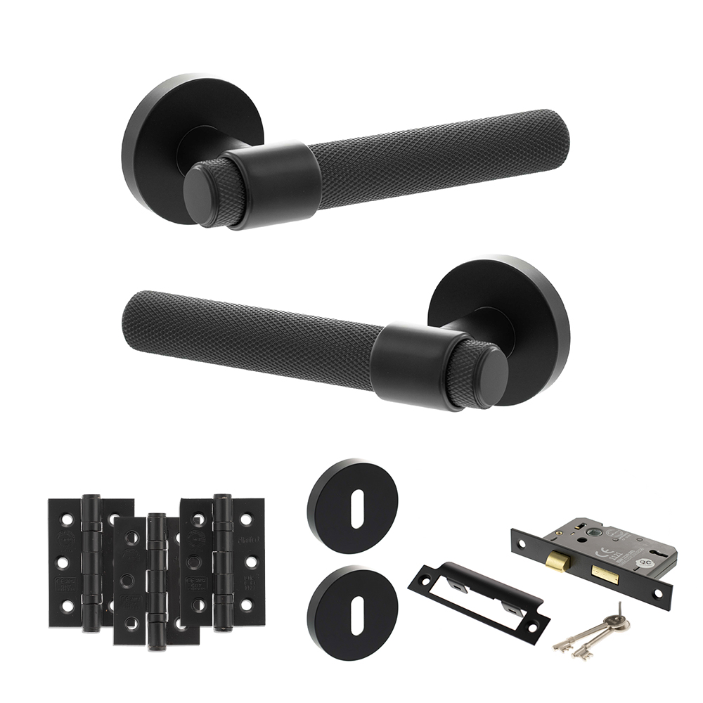 Senza Pari Andretta Door Handle Pack (3 Lever Lock Set - 3" CE Sashlock, 3" Fire Rated Hinges x3) - Matt Black
