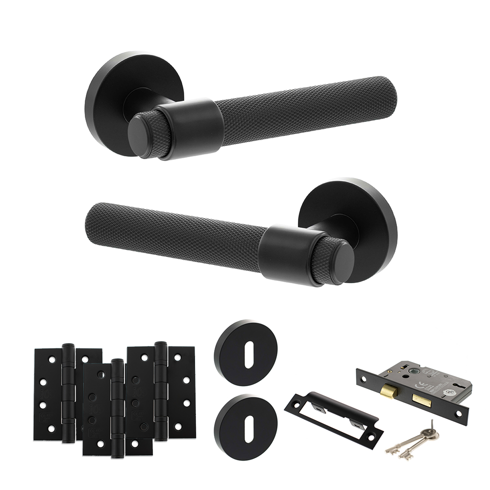 Senza Pari Andretta Door Handle Pack (3 Lever Lock Set - 3" CE Sashlock, 4" Fire Rated Hinges x3) - Matt Black
