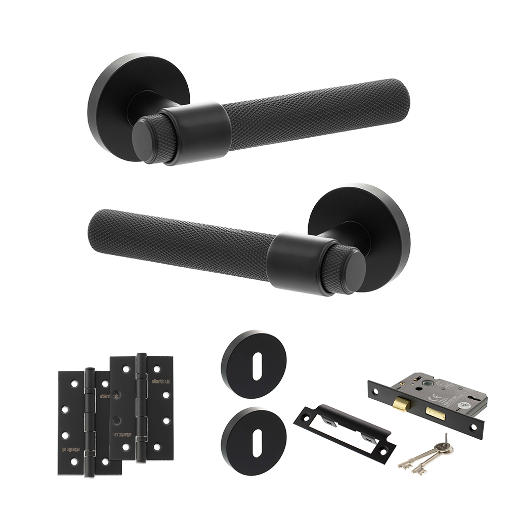 Senza Pari Andretta Door Handle Pack (3 Lever Lock Set - 3" CE Sashlock, 4" Slim Knuckle Hinges x2) - Matt Black