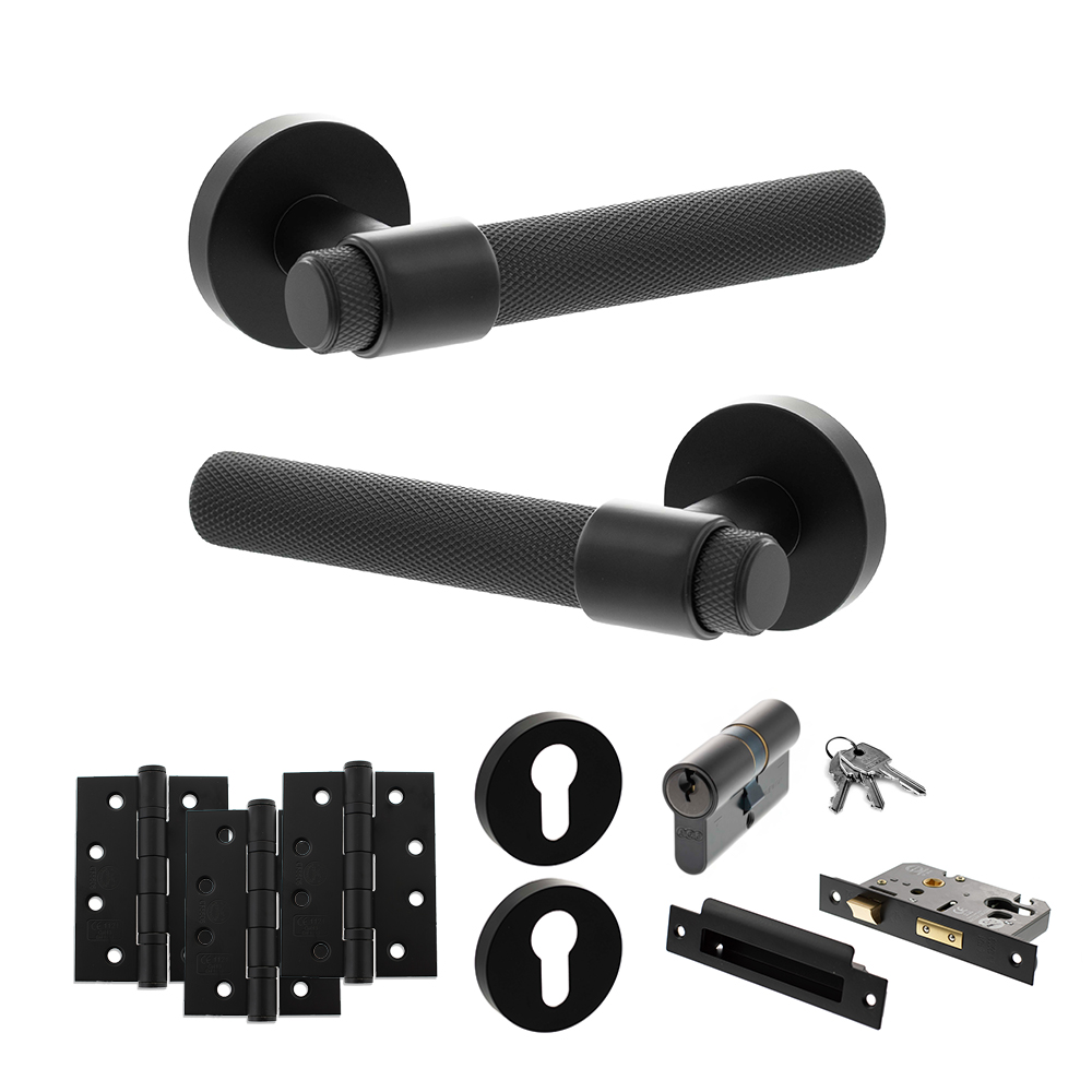 Senza Pari Andretta Door Handle Pack (Euro Lock Set - 3" CE Sashlock, 4" Fire Rated Hinges x3) - Matt Black