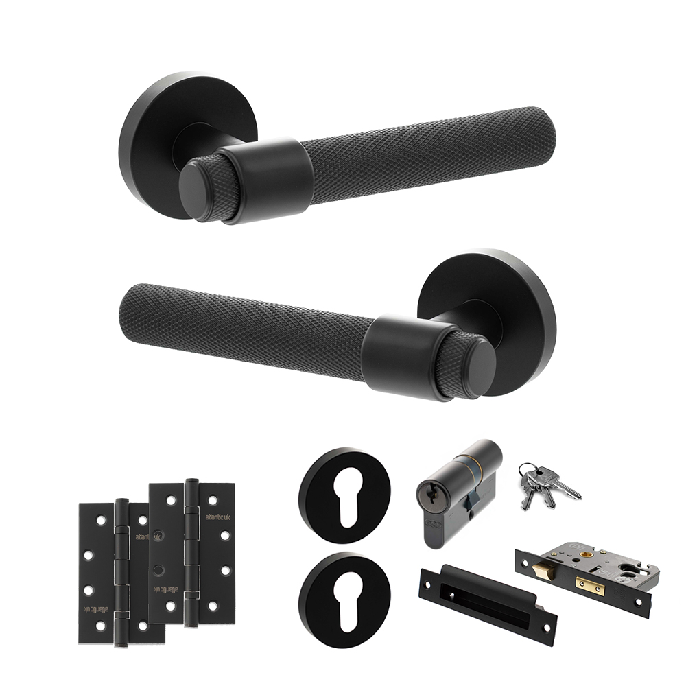 Senza Pari Andretta Door Handle Pack (Euro Lock Set - 2.5" CE Sashlock, 4" Slim Knuckle Hinges x2) - Matt Black