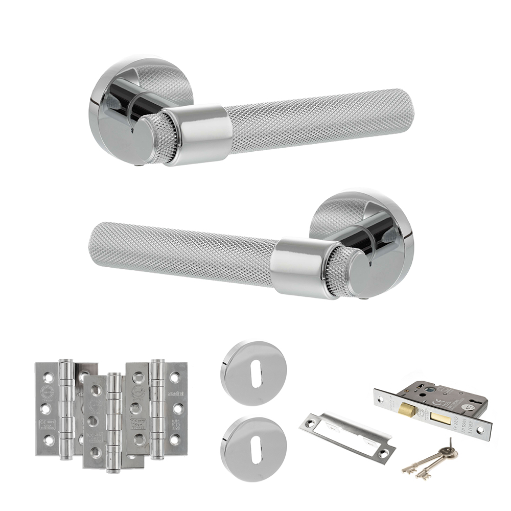 Senza Pari Andretta Door Handle Pack (3 Lever Lock Set - 3" CE Sashlock, 3" Fire Rated Hinges x3) - Polished Chrome