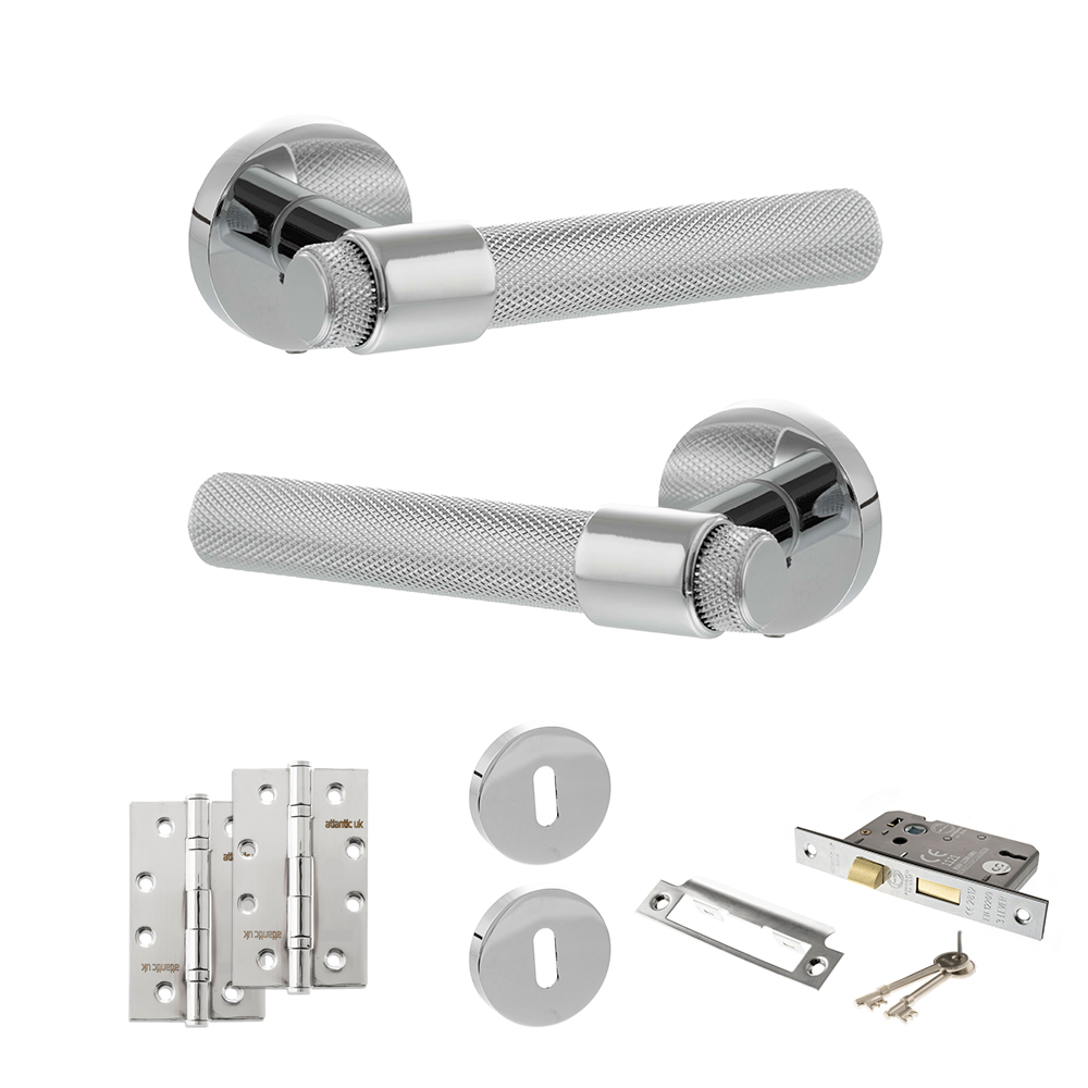 Senza Pari Andretta Door Handle Pack (3 Lever Lock Set - 3" CE Sashlock, 4" Slim Knuckle Hinges x2) - Polished Chrome