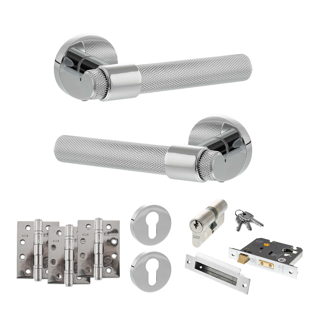 Senza Pari Andretta Door Handle Pack (Euro Lock Set - 2.5" CE Sashlock, 4" Fire Rated Hinges x3) - Polished Chrome