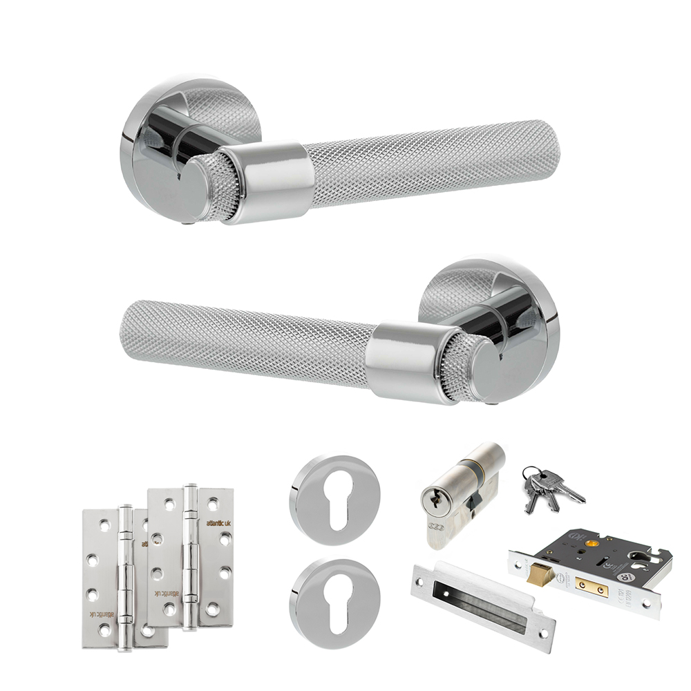 Senza Pari Andretta Door Handle Pack (Euro Lock Set - 2.5" CE Sashlock, 4" Slim Knuckle Hinges x2) - Polished Chrome