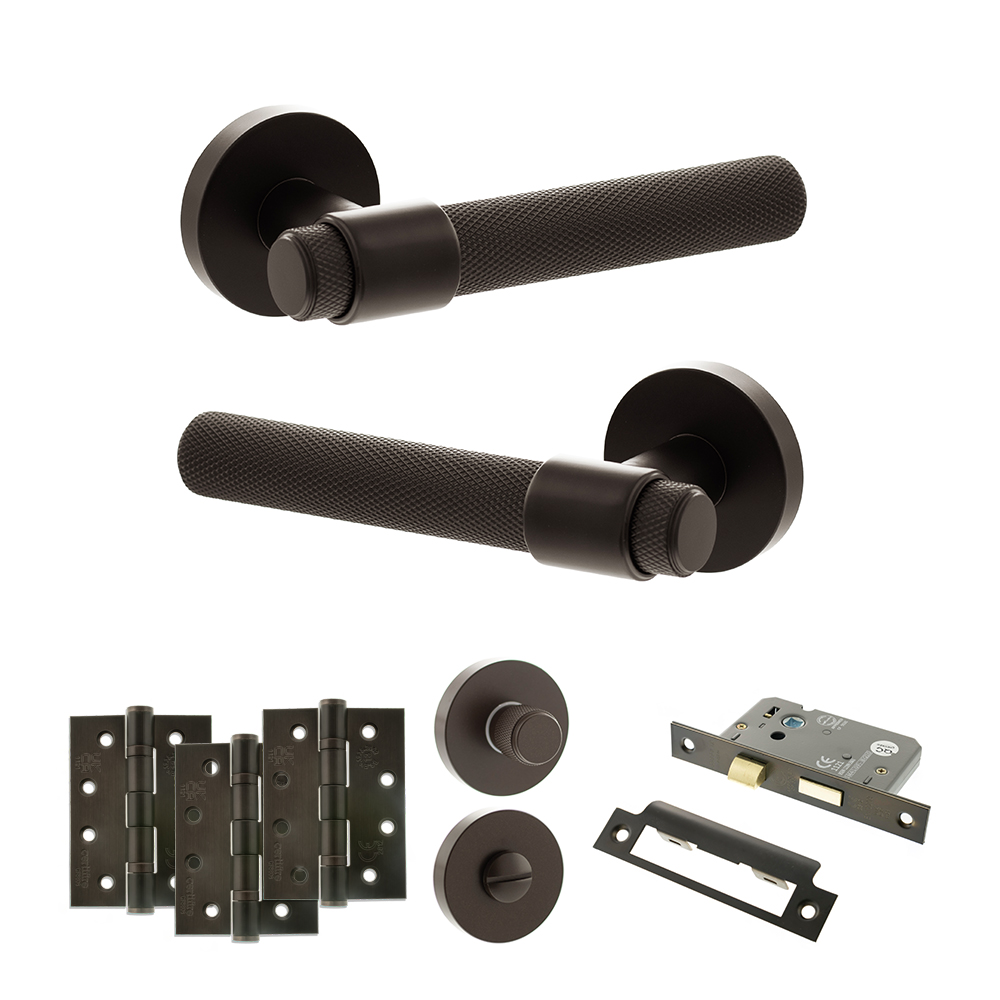 Senza Pari Andretta Door Handle Pack (Bathroom Set - 2.5" CE Bathroom Lock, 4" Fire Rated Hinges x3) - Urban Dark Bronze