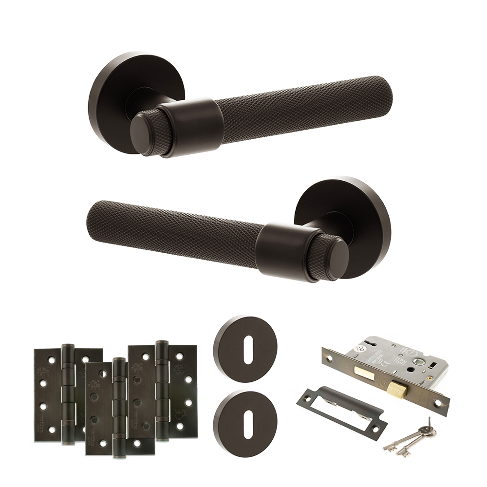 Senza Pari Andretta Door Handle Pack (3 Lever Lock Set - 3" CE Sashlock, 4" Fire Rated Hinges x3) - Urban Dark Bronze