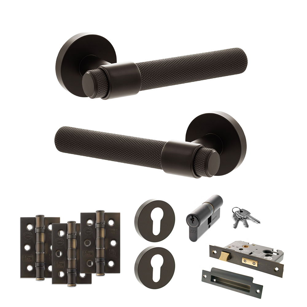 Senza Pari Andretta Door Handle Pack (Euro Lock Set - 3" CE Sashlock, 3" Fire Rated Hinges x3) - Urban Dark Bronze