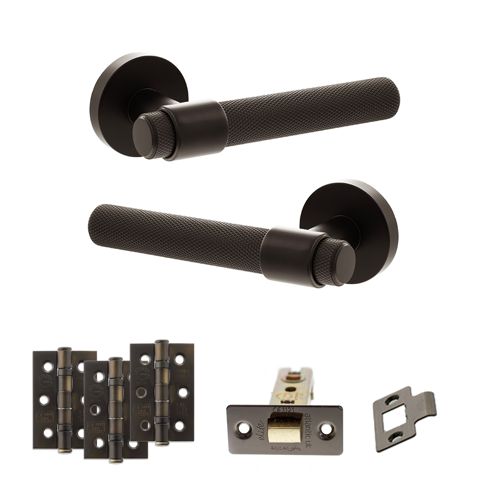 Senza Pari Andretta Door Handle Pack (Latch Set - 3" CE Latch, 3" Fire Rated Hinges x3) - Urban Dark Bronze