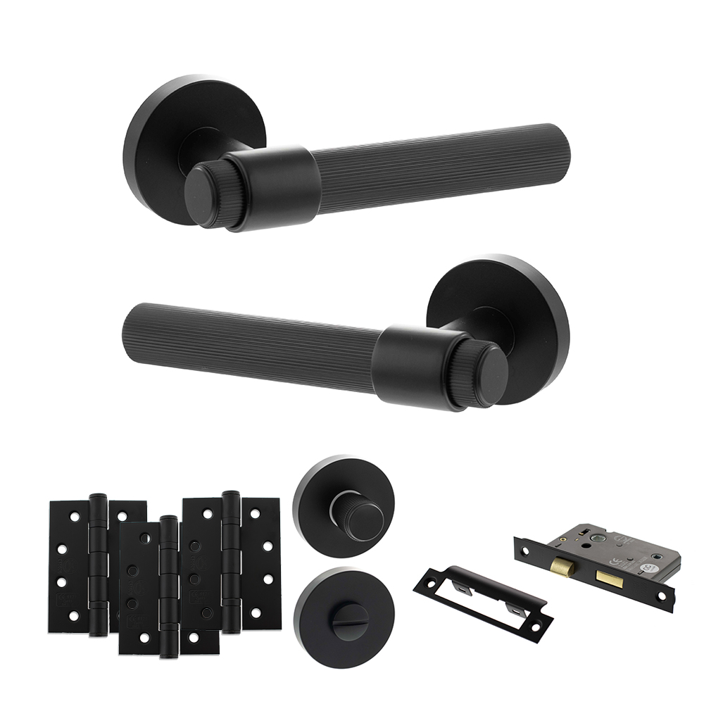 Senza Pari Fasana Door Handle Pack (Bathroom Set - 2.5" CE Bathroom Lock, 4" Fire Rated Hinges x3) - Matt Black