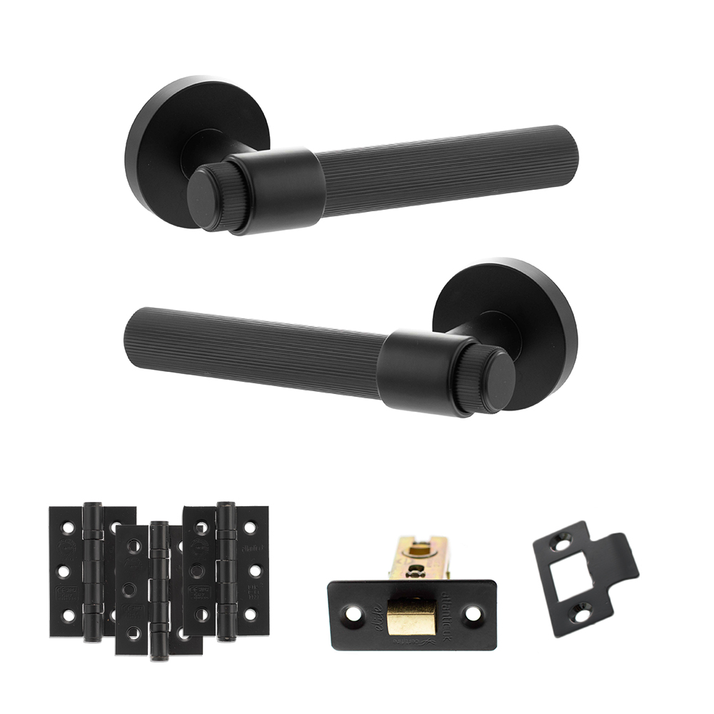 Senza Pari Fasana Door Handle Pack (Latch Set - 2.5" CE Latch, 3" Fire Rated Hinges x3) - Matt Black