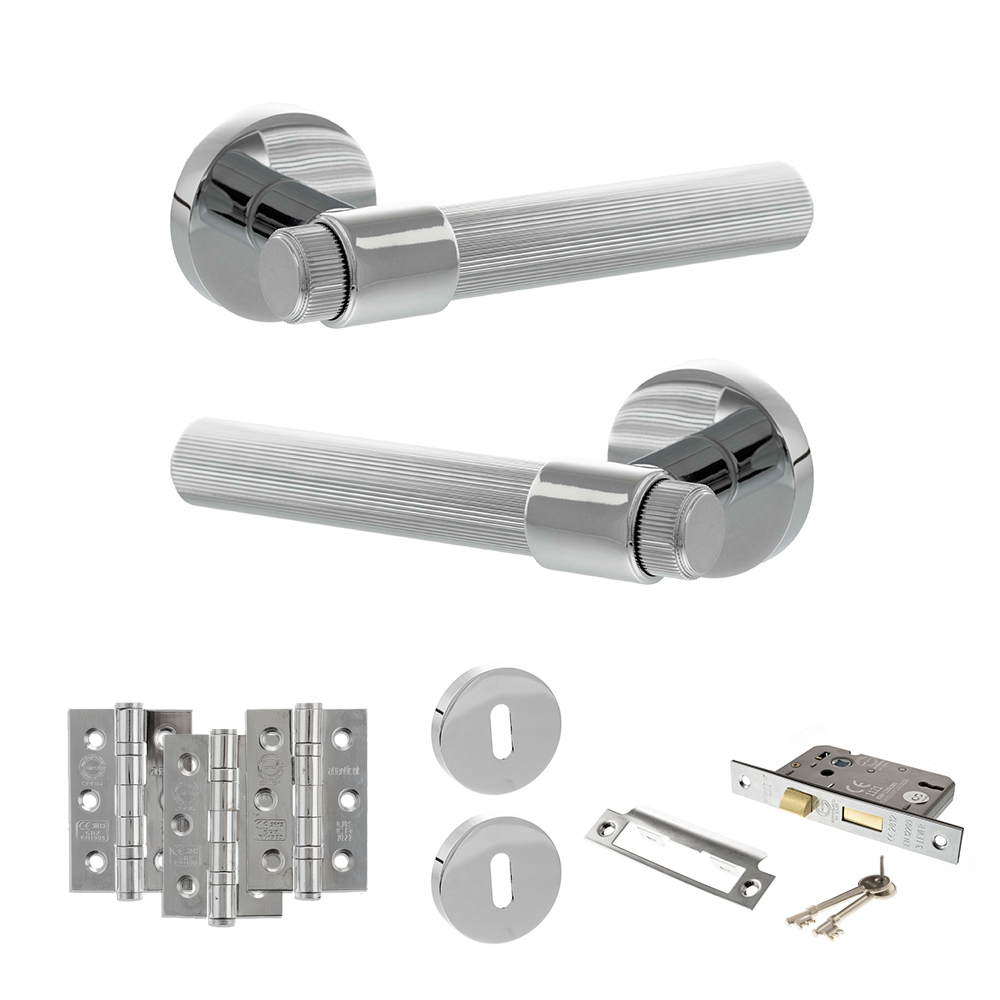Senza Pari Fasana Door Handle Pack (3 Lever Lock Set - 3" CE Sashlock, 3" Fire Rated Hinges x3) - Polished Chrome