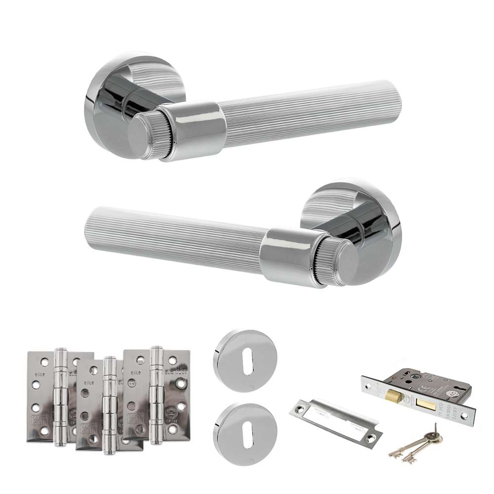 Senza Pari Fasana Door Handle Pack (3 Lever Lock Set - 3" CE Sashlock, 4" Fire Rated Hinges x3) - Polished Chrome