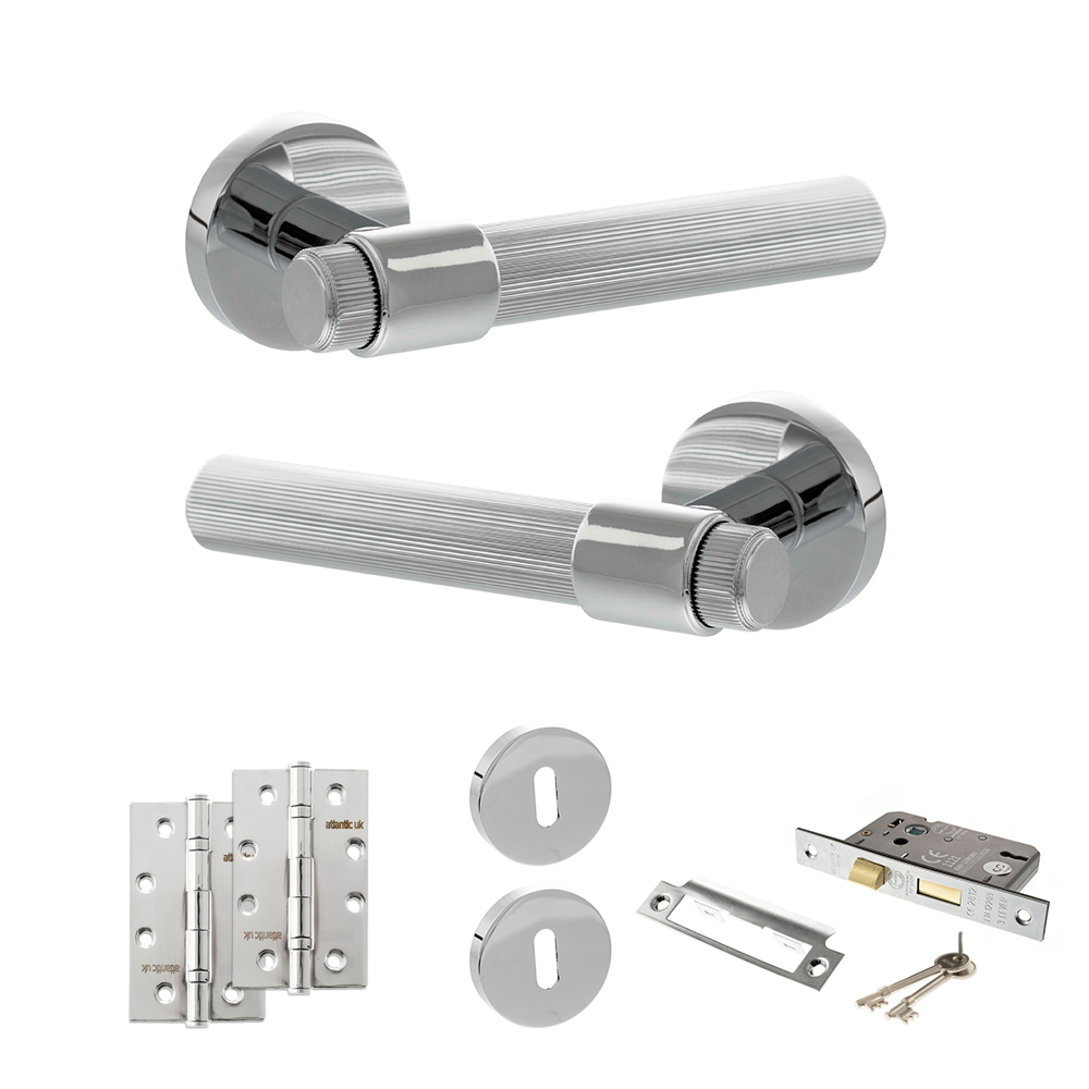 Senza Pari Fasana Door Handle Pack (3 Lever Lock Set - 3" CE Sashlock, 4" Slim Knuckle Hinges x2) - Polished Chrome
