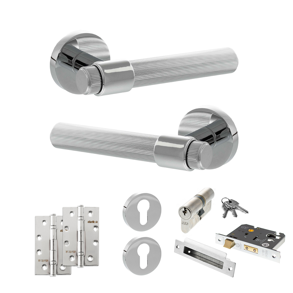 Senza Pari Fasana Door Handle Pack (Euro Lock Set - 3" CE Sashlock, 4" Slim Knuckle Hinges x2) - Polished Chrome