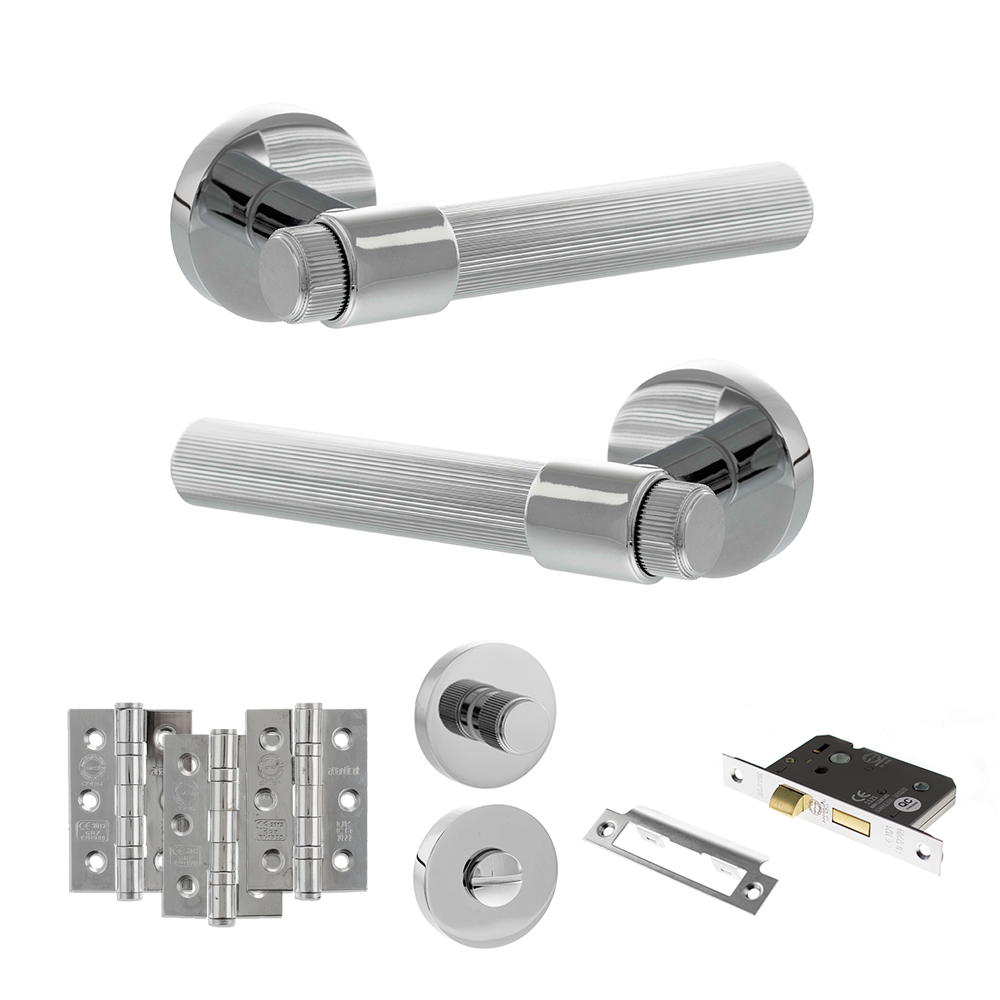 Senza Pari Fasana Door Handle Pack (Bathroom Set - 2.5" CE Bathroom Lock, 3" Fire Rated Hinges x3) - Polished Chrome