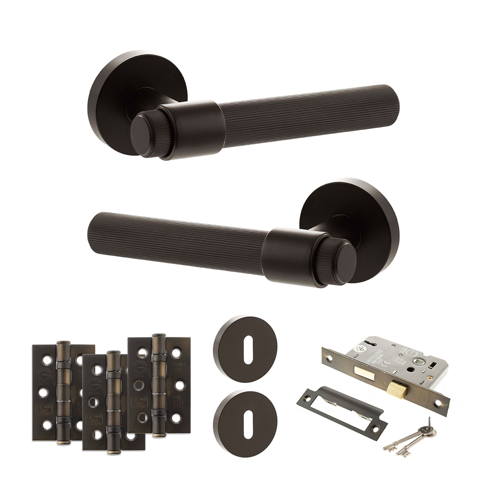 Senza Pari Fasana Door Handle Pack (3 Lever Lock Set - 3" CE Sashlock, 3" Fire Rated Hinges x3) - Urban Dark Bronze