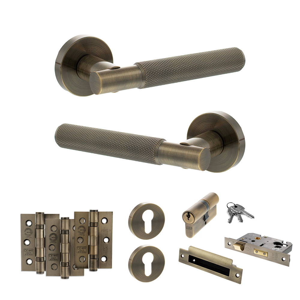 Senza Pari Rosarno Door Handle Pack (Euro Lock Set - 2.5" CE Sashlock, 3" Fire Rated Hinges x3) - Antique Brass