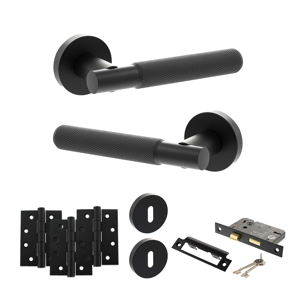 Senza Pari Rosarno Door Handle Pack (3 Lever Lock Set - 2.5" CE Sashlock, 4" Fire Rated Hinges x3) - Matt Black