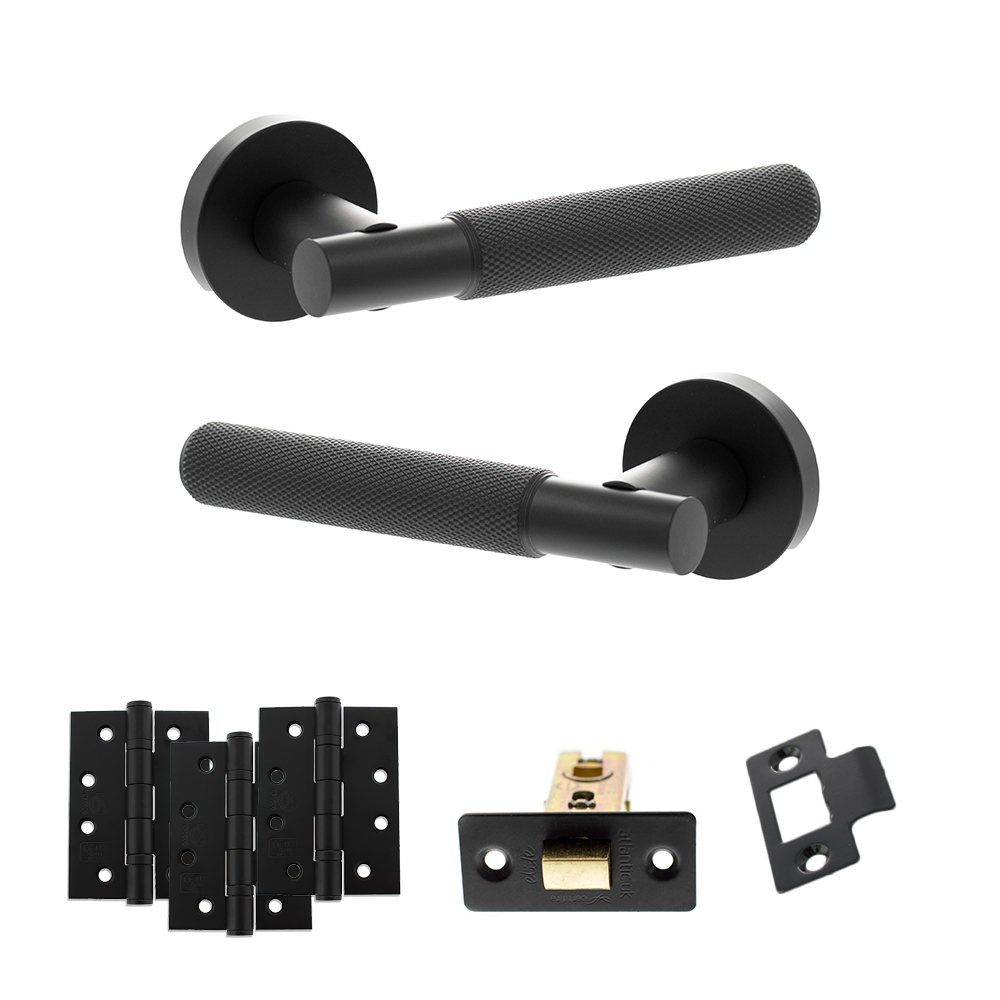 Senza Pari Rosarno Door Handle Pack (Latch Set - 3" CE Latch, 4" Fire Rated Hinges x3) - Matt Black