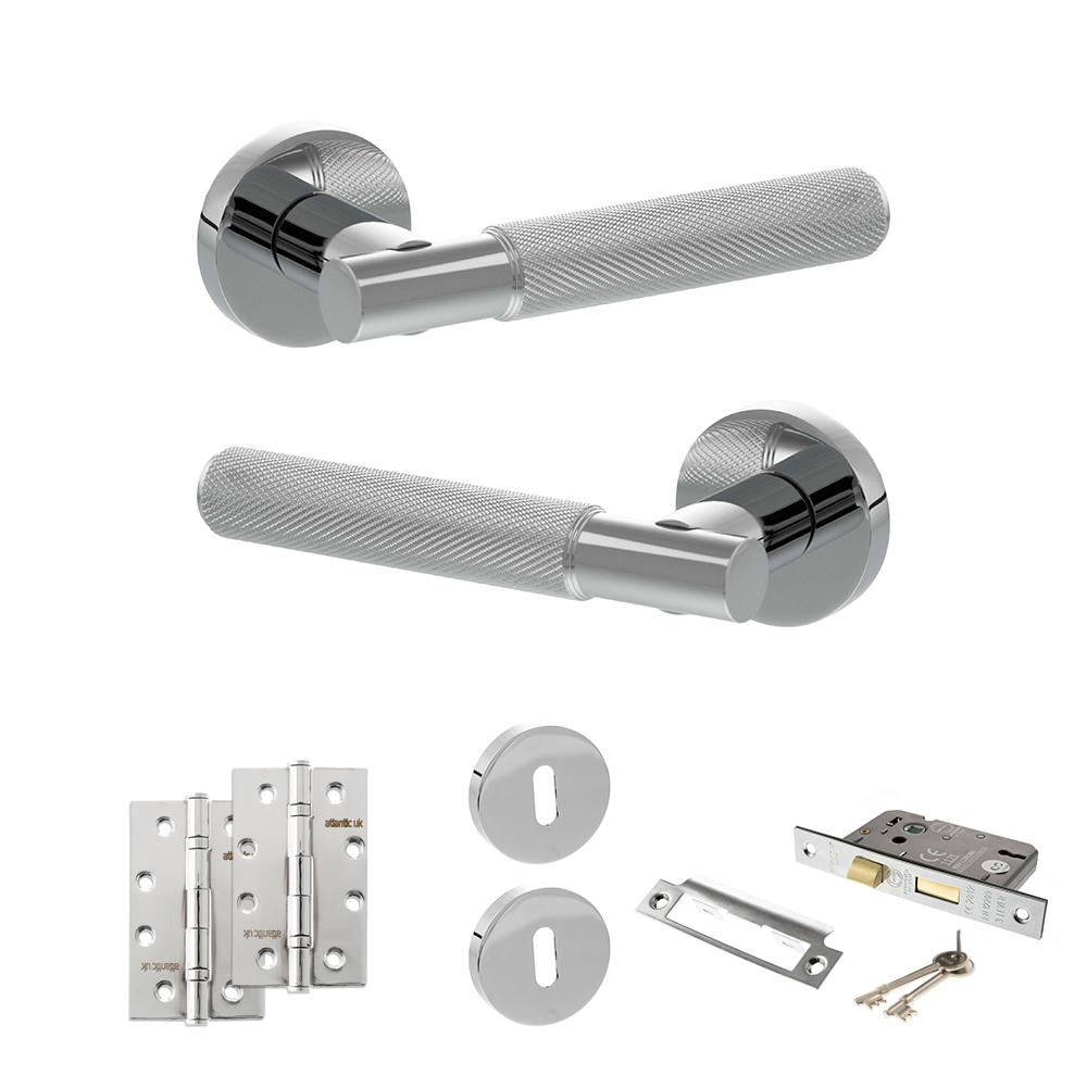 Senza Pari Rosarno Door Handle Pack (3 Lever Lock Set - 3" CE Sashlock, 4" Slim Knuckle Hinges x2) - Polished Chrome
